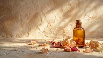 Amber Glass Bottle with Essential Oil and Scattered Petals on Textured Background photo