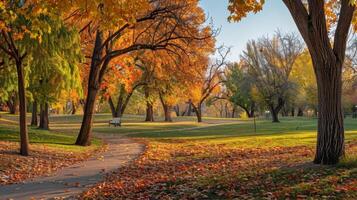 Autumn Park Pathway with Colorful Trees and Fallen Leaves at Sunset photo