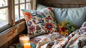 Cozy Rustic Bedroom with Floral Pillow and Candles by a Sunlit Window photo
