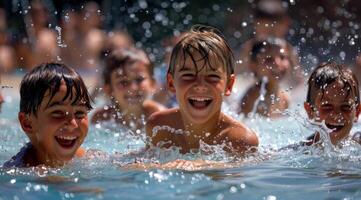 Happy Children Playing in Swimming Pool on a Sunny Day photo