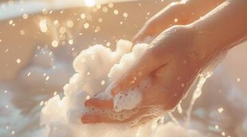 Golden Hour Hand Washing with Soap Bubbles and Sunlight photo
