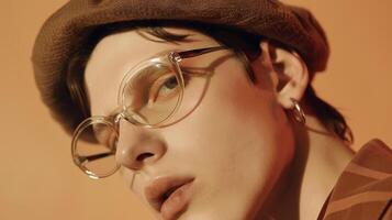 Stylish Young Man with Round Glasses and Beret in Warm Tone photo