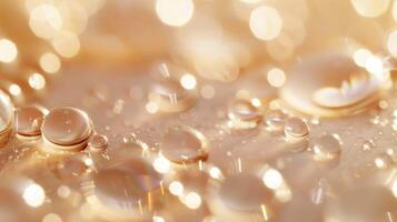 Golden Water Droplets on a Shimmering Surface with Bokeh Effect photo