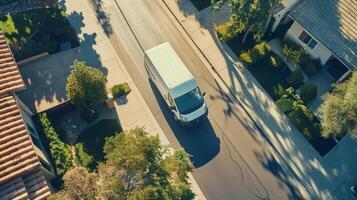 White Delivery Van on Suburban Street with Trees and Houses photo