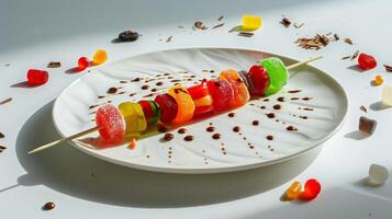 Vibrant Fruit Candies on Skewer Served on White Plate with Chocolate Drizzle photo