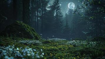 Enchanting Night Forest Landscape with Full Moon and Blooming Flowers Under Starry Sky photo