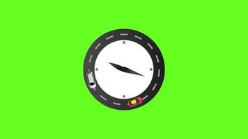 Animation of the clock road with two cars on a green background video