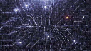 Digital background with neon circuit and cube video