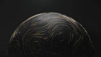 Spinning golden ball with circular topographic animated lines and particles on black background video