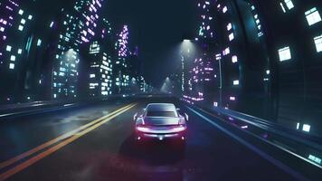 ciclo continuo auto guida su il città strade a notte con neon luci e nel un' cyberpunk stile video