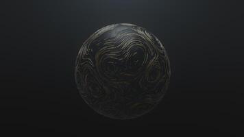Spinning golden ball with circular topographic animated lines and particles on black background video