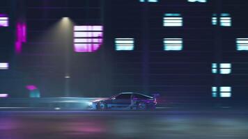 ciclo continuo auto guida su il città strade a notte con neon luci e nel un' cyberpunk stile video