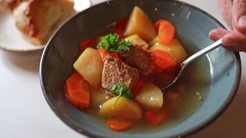Close-up of meat soup with potatoes and carrots and herbs in a plate being stirred with a spoon video
