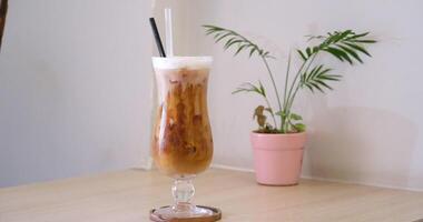 Ice latte juice and cafe, dessert on table video