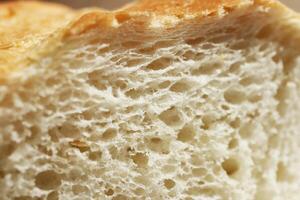 Fresh French Roll Baguette Texture. Bread Crumb Section Slice Food Background. Macro Closeup. photo
