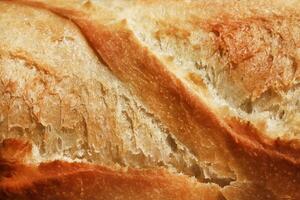 Fresh Baguette Texture. Crust of Bread Food Background. Macro Closeup. photo