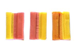 Three Isolated Colored Bubble Gum Texture. Freshness Gummy Delicious Background. Yummy Backdrop. Macro Closeup. photo