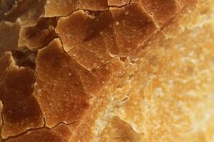 Fresh French Baguette Crust of Bread Food Background. Macro Closeup. photo