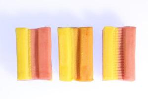 Three Isolated Colored Bubble Gum Row. Freshness Gummy Delicious Background. Yummy Backdrop. Macro Closeup. photo