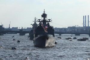 Russian Navy Battleships on Neva River. Day of the Russian Navy. Saint-Petersburg. photo