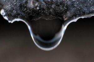 Handing down water drop from ice top. Cold clear rain drop with ice reflection inside. Macro closeup. photo