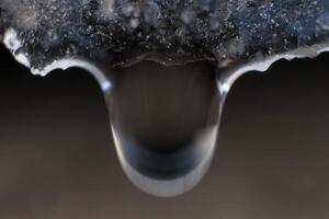 Handing down water drop from ice top. Cold clear rain drop with ice reflection inside. Macro closeup. photo