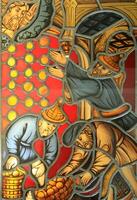 Men ask the Lord for good, pass and store. Stained glass window made of a multitude of different colored pieces of glass. photo