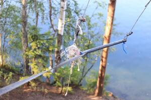 Danger bungee handle at lake in pine forest. photo