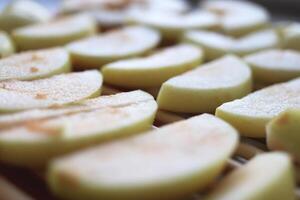 Sweet healthy dried apples. Dry apples stack. Macro closeup. photo