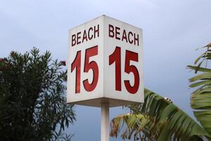 Beach number 15 sign with palm leafs photo