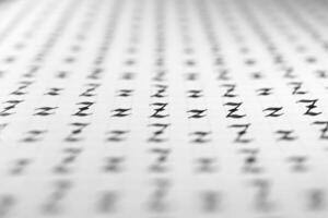 Calligraphy black and white letters Z background. Lettering practice writing worksheet. Handwriting symbol filling pattern. Calligraphic letter z learning skills paper page. photo
