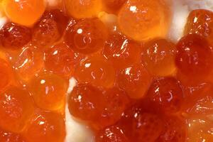 Red caviar on bread and butter. Macro closeup. photo