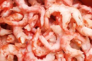 Prawns snack filling background. Boiled peeled shrimps meat texture. photo