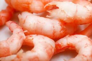 Boiled peeled shrimps texture. Prawns filling background. Macro closeup. photo