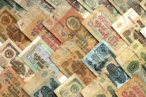 Russian wealth financial backdrop. Rubles earning pattern. Soviet money banknotes texture. Cash filling background. photo