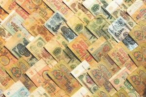 Old Russian wealth financial backdrop. Rubles Earning pattern. Money banknotes texture. Soviet cash filling background. photo