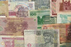 Wealth financial backdrop. Earning pattern. Money banknotes texture. Cash filling background. photo