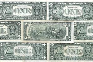 Wealth financial backdrop. Earning pattern. Dollar money banknotes texture. Cash filling background. photo