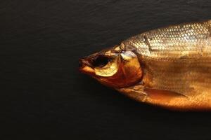 Stick out smoked fish head on black stone background. photo