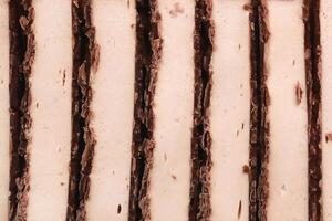 Sliced chocolate with white nougat stripes filling background. Sweet delicious texture. photo