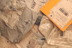 Many post packets and one yellow with labels filling background. photo