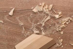 A piece of wood with sawdust crumbs lie on the floor. Wood works background. photo