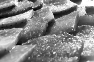 Sweet Berry background. Tasty delicious background. Strawberry slices with sugar. photo