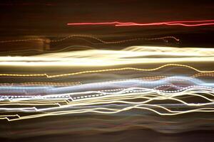 Night exposure zoom traces background. Light lines leaks exposition backdrop. Night city rays glow texture. photo
