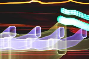 Light lines leaks exposition background. Night city rays glow backdrop. Night exposure zoom traces texture. photo