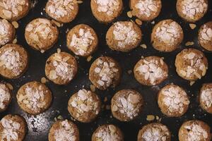 Cookies with almond flakes sprinkled with powdered sugar are baked in the oven pattern photo
