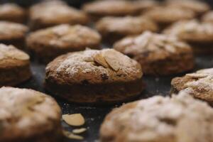 Cookies with almond flakes sprinkled with powdered sugar are baked in the oven pattern photo