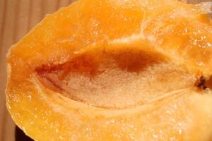 Slice of juicy apricot. Delicious background. Macro closeup. photo