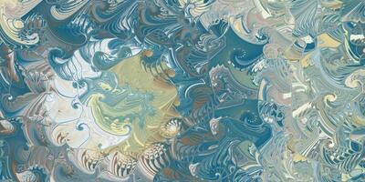Yellow Blue Sea Swirls Background. Abstract Ocean Marbling Curves Texture. Nautical Spiral Shell Infinity Backdrop. photo