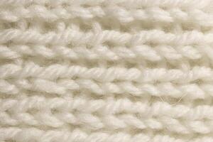 White Wool Knitting Texture. Horizontal Along Weaving Crochet Detailed Rows. Sweater Textile Background. Macro Closeup. photo